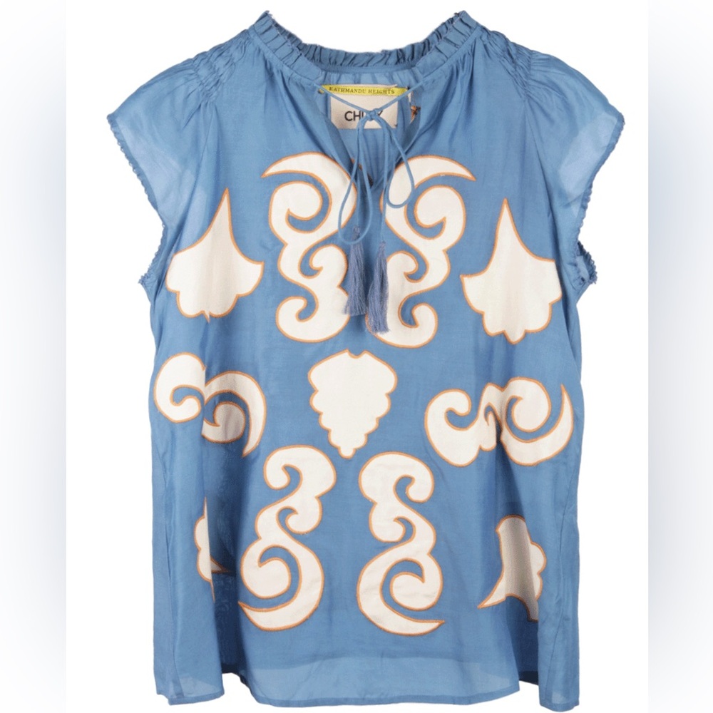 Chufy Kathmandu Heights Silk Embroidered Boho Blouse Blue Size L